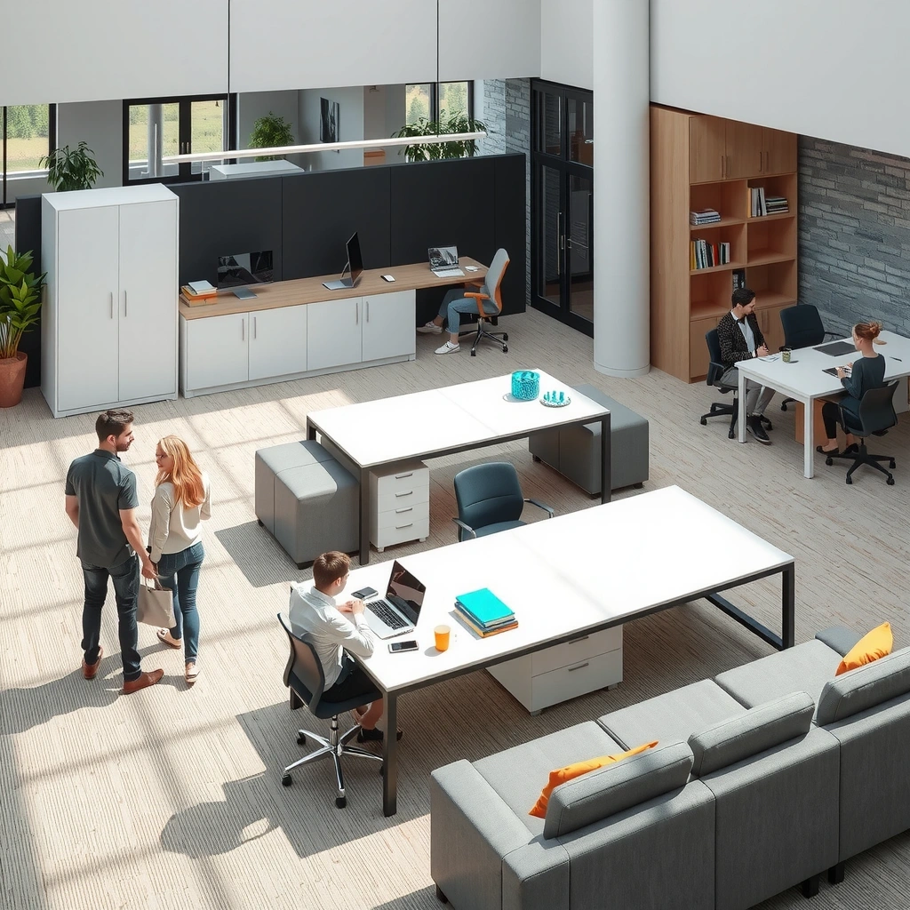 Office interior workspace with collaborative areas